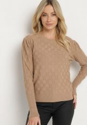 Ciemnobeżowy Sweter z Wiskozą Modalem i Ozdobnym Splotem Jaliti. Brązowe swetry nierozpinane damskie Born2be, m, bez wzorów, z jeansu, wizytowe, bez kołnierzyka, bez ramiączek. Za 74.99 zł.