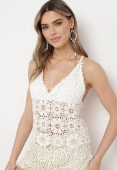 Beżowy Top Ażurowy w Stylu Boho z Bawełny Nahiroa. Brązowe topy damskie Born2be, z aplikacjami, z bawełny, boho, bez kołnierzyka, bez ramiączek. Za 79.99 zł.