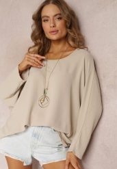 Beżowa Bluzka o Fasonie Nietoperza z Naszyjnikiem Kenola. Brązowe bluzki damskie Renee, bez wzorów, eleganckie, bez kołnierzyka, bez ramiączek. Za 44.99 zł.