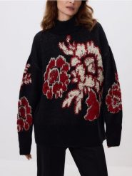 Wzorzysty sweter z wełną - czarny. Czarne swetry nierozpinane damskie Reserved, l, bez wzorów, z dzianiny, bez kołnierzyka, bez ramiączek. Za 299.99 zł.