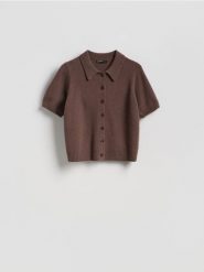 Wełniany sweter polo - brązowy. Brązowe swetry nierozpinane damskie Reserved, l, bez wzorów, z wełny, bez kołnierzyka, bez ramiączek. Za 149.99 zł.