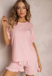 Różowy Komplet Piżamowy 2-częściowy Iodia. Czerwone piżamy damskie Renee, bez wzorów, z dzianiny, bez ramiączek. Za 44.99 zł.