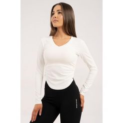 Koszulka fitness damska Gym Glamour wycięta z długimi rękawami. Białe bluzki damskie GYM GLAMOUR, m, bez wzorów, glamour, bez kołnierzyka, bez ramiączek. Za 149.99 zł.