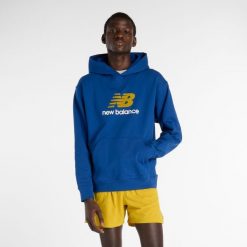 Bluza męska New Balance MT51512GAB – niebieska. Niebieskie bluzy męskie New Balance, l, z aplikacjami, z bawełny, z kapturem. Za 399.99 zł.