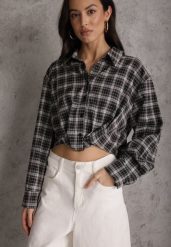 Czarna Koszula z Bawełny Typu Crop w Kratę Ozdobiona Marszczeniem Risettes. Czarne koszule damskie Renee, m, bez wzorów, z bawełny, bez kołnierzyka, bez ramiączek. Za 89.99 zł.