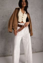 Białe Ażurowe Spodnie Wide Leg z Bawełny w Rustykalnym Stylu z Haftem Elladith. Białe spodnie materiałowe damskie Renee, w ażurowe wzory, z bawełny, boho. Za 119.99 zł.