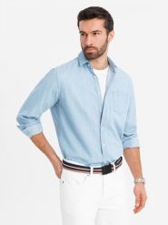 Jeansowa męska koszula z haftowaną kieszonką – jasnoniebieska V1 OM-SHDS-0181 - XXL. Niebieskie koszule męskie Ombre Clothing, l, z aplikacjami, z denimu, eleganckie, bez kołnierzyka, bez ramiączek. Za 125.99 zł.