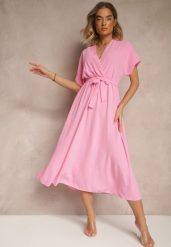 Różowa Rozkloszowana Sukienka z Gumką w Talii i Wiązaniem Sepenira. Czerwone sukienki damskie Renee, na co dzień, xs, bez wzorów, z jeansu, eleganckie, bez kołnierzyka, bez ramiączek, maxi, kopertowe. Za 54.99 zł.