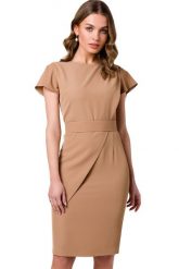 Elegancka ołówkowa sukienka z paskiem krótki rękaw beżowa. Brązowe sukienki damskie Sukienki.shop, xl, bez wzorów, eleganckie, bez kołnierzyka, bez ramiączek, mini, ołówkowe. Za 329.00 zł.