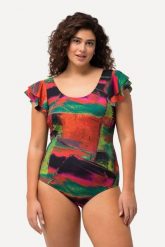 Damski Strój kąpielowy rękawy z falbankami miękkie miseczki okrągły dekolt. Zielone stroje kąpielowe damskie Ulla Popken, plus size, bez wzorów, z elastanu. Za 191.99 zł.