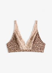Biustonosz bralette bez fiszbinów z miękką podszewką, w panterkę. Brązowe biustonosze bonprix, bez wzorów. Za 37.99 zł.