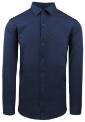 Elegancka Koszula z Dzianinowej Tkaniny - Prosty Krój - Ciemnoniebieska. Niebieskie koszule męskie Pazzani, bez wzorów, z bawełny, eleganckie, bez kołnierzyka, bez ramiączek. Za 199.00 zł.