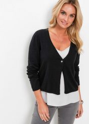 Sweter rozpinany z dzianiny o splocie drobnych oczek. Czarne kardigany damskie bonprix, bez wzorów, z dzianiny, klasyczne, bez kołnierzyka. Za 97.99 zł.