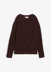 Sweter oversize z warkoczami. Brązowe swetry nierozpinane damskie bonprix, bez wzorów, bez kołnierzyka, bez ramiączek. Za 114.99 zł.