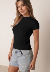Czarny Gładki T-shirt z Wiskozy ze Stójką w Minimalistycznym Stylu Deleus. Czarne t-shirty damskie Born2be, l, z aplikacjami, z jeansu, eleganckie, bez kołnierzyka, bez ramiączek. Za 39.99 zł.