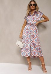 Niebiesko-Różowa Rozkloszowana Sukienka Boho z Wiskozą o Koszulowym Kroju Ozdobiona Paskiem Josofia. Niebieskie sukienki damskie Renee, na lato, l, bez wzorów, z materiału, boho, bez kołnierzyka, bez ramiączek, midi, koszulowe. Za 89.99 zł.