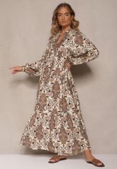 Brązowa Rozkloszowana Sukienka z Wiskozy z Dekoltem w Kształcie Litery V Atenavela. Brązowe sukienki damskie Renee, na co dzień, l, bez wzorów, z wiskozy, eleganckie, bez kołnierzyka, bez ramiączek, maxi, rozkloszowane. Za 99.99 zł.