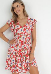 Czerwona Sukienka Mini z Wiskozy z Gumką w Pasie i Falbankami Nidi. Czerwone sukienki damskie Born2be, na imprezę, m, bez wzorów, z wiskozy, bez kołnierzyka, bez ramiączek, mini. Za 74.99 zł.