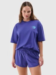 4F T-shirt oversize z nadrukiem damski - fioletowy XL. Fioletowe szorty damskie 4F, xl, bez wzorów, z bawełny, klasyczne, bez kołnierzyka, bez ramiączek. W wyprzedaży za 29.99 zł.