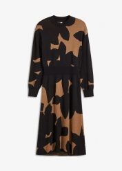 Sukienka dzianinowa. Brązowe sukienki damskie bonprix, bez wzorów, z dzianiny, eleganckie, bez kołnierzyka, bez ramiączek. Za 149.99 zł.