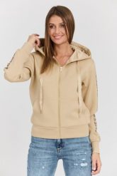 GUESS Beżowa damska bluza Hood Studs Logo. Brązowe bluzy damskie Guess, s, z aplikacjami, z elastanu, bez ramiączek, bez kaptura. W wyprzedaży za 394.99 zł.