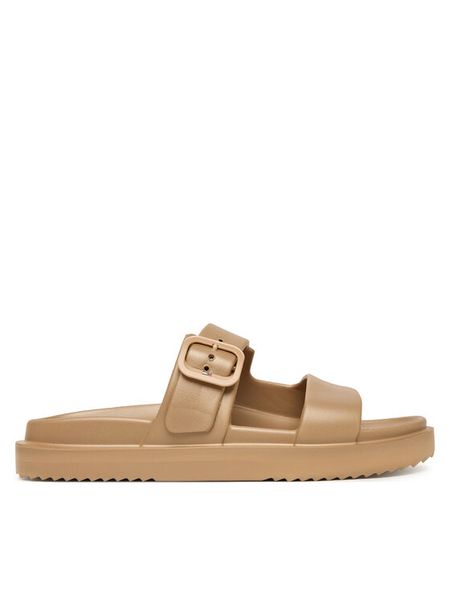 Tommy Hilfiger Klapki Double Strap FW0FW09114 Beżowy. Brązowe klapki damskie Tommy Hilfiger, bez wzorów, z syntetyku, bez obcasa, bez zapięcia. Za 120.99 zł.