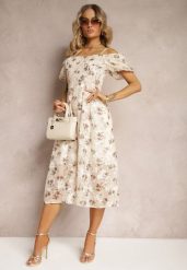 Beżowa Sukienka w Kwiecisty Wzór z Bufkami w Ramionach i Hiszpańskim Dekoltem Nibbia. Brązowe sukienki damskie Renee, uniwersalny, bez wzorów, eleganckie, bez kołnierzyka, bez ramiączek, midi. Za 139.99 zł.