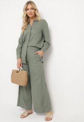 Zielony Komplet z Wiskozy Koszula na Guziki Szerokie Spodnie z Gumką w Pasie Tinasiam. Zielone koszule damskie Born2be, l, bez wzorów, z wiskozy, eleganckie, bez kołnierzyka, bez ramiączek. Za 169.99 zł.