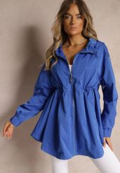Niebieska Kurtka Parka Ściagana w Pasie Troczkami z Kapturem Evisanale. Niebieskie kurtki damskie Renee, l, bez wzorów, z materiału, z kapturem. Za 109.99 zł.