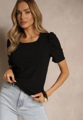 Czarny T-shirt z Prążkowanej Tkaniny z Zakładkami przy Rękawach Kolaniella. Czarne t-shirty damskie Renee, l, bez wzorów, z jeansu, eleganckie, bez kołnierzyka, bez ramiączek. Za 34.99 zł.