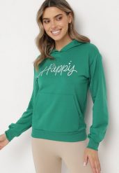 Zielona Bluza z Kapturem Napisem i Kangurkową Kieszenią Adrippa. Zielone bluzy damskie Born2be, l, bez wzorów, casualowe, bez ramiączek, z kapturem. Za 79.99 zł.