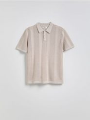 Ażurowy sweter polo - beżowy. Brązowe swetry męskie Reserved, l, w ażurowe wzory, z dzianiny, bez kołnierzyka, bez ramiączek. W wyprzedaży za 69.99 zł.