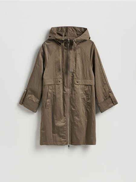 Kurtka parka z kapturem - brązowy. Brązowe kurtki damskie Reserved, l, bez wzorów, z tkaniny, z kapturem. W wyprzedaży za 139.99 zł.