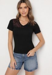 Czarny Bawełniany T-shirt z Dekoltem w Serek z Cyrkoniową Aplikacją Nirivale. Czarne t-shirty damskie Born2be, l, z aplikacjami, z bawełny, eleganckie, bez kołnierzyka, bez ramiączek. Za 34.99 zł.