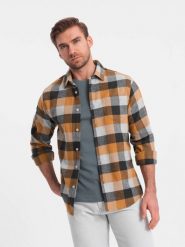 Flanelowa koszula męska w kratę - żółto-czarna V2 OM-SHCS-0150 - S. Żółte koszule męskie Ombre Clothing, m, bez wzorów, z bawełny, klasyczne, bez kołnierzyka, bez ramiączek. W wyprzedaży za 79.99 zł.