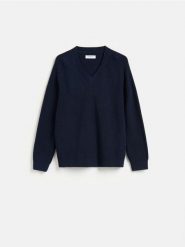 Strukturalny sweter z bawełną - granatowy. Niebieskie swetry męskie Reserved, l, bez wzorów, z bawełny, bez kołnierzyka, bez ramiączek. Za 159.99 zł.