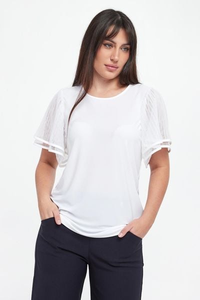 Bluzka damska z tiulowymi rękawami JOSEPH RIBKOFF. Bluzki damskie Joseph Ribkoff, s, bez wzorów, z tiulu, bez kołnierzyka, bez ramiączek. Za 949.00 zł.