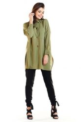 Khaki Oversizowa Koszula z Ozdobnymi Guzikami. Brązowe koszule damskie Awama, l, bez wzorów, z materiału, bez kołnierzyka, bez ramiączek. Za 179.90 zł.