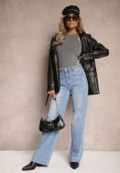 Niebieskie Jeansy o Szerokim Kroju High Waist z Bawełny Eviraena. Niebieskie jeansy damskie Renee, z aplikacjami, z bawełny, eleganckie, z podwyższonym stanem, długie. Za 119.99 zł.
