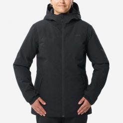 Kurtka narciarska damska Wedze 100. Czarne kurtki sportowe damskie WED'ZE, na zimę, xs, bez wzorów, z materiału, bez ramiączek, bez kaptura, narciarskie. Za 199.99 zł.