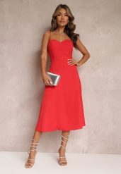 Czerwona Rozkloszowana Sukienka Midi z Rozcięciem na Ramiączkach Josine. Czerwone sukienki damskie Renee, l, bez wzorów, eleganckie, bez kołnierzyka, bez ramiączek, midi, rozkloszowane. Za 74.99 zł.