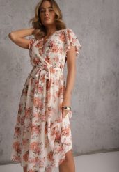 Różowa Kopertowa Sukienka z Wiązaniem w Talii Zdobiona Brokatem Plumse. Czerwone sukienki damskie Renee, na co dzień, na lato, l, z aplikacjami, glamour, bez kołnierzyka, bez ramiączek, midi, kopertowe. Za 119.99 zł.