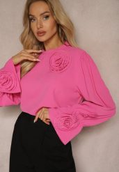 Różowa Bluzka z Dodatkiem Bawełny Ozdobiona Kwiatem 3D Merisara. Czerwone bluzki damskie Renee, m, bez wzorów, z bawełny, eleganckie, bez kołnierzyka, bez ramiączek. Za 74.99 zł.