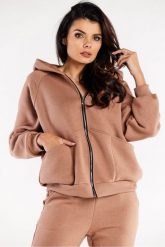 Luźna bluza z kapturem rozpinana z kieszeniami beż. Bluzy damskie Infinite You, l, bez wzorów, z bawełny, eleganckie, bez ramiączek, z kapturem. Za 259.00 zł.
