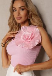 Różowy Top z Aplikacją w Kształcie Kwiatu Waliane. Czerwone topy damskie Renee, z aplikacjami, z materiału, bez kołnierzyka, bez ramiączek. Za 84.99 zł.
