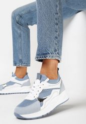 Niebieskie Sneakersy na Grubej Podeszwie z Metalicznymi Wstawkami i Sznurowaniem Aelria. Niebieskie obuwie sportowe damskie Born2be, bez wzorów, bez zapięcia. Za 119.99 zł.