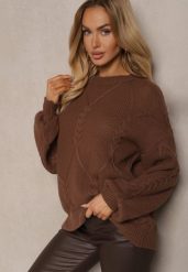 Brązowy Sweter z Ozdobnym Tłoczeniem i Ściągaczami Temariel. Brązowe swetry nierozpinane damskie Renee, bez wzorów, z jeansu, biznesowe, bez kołnierzyka, bez ramiączek. Za 79.99 zł.