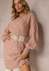 Różowy Długi Sweter Oversize z Wypukłym Splotem All Over Somet. Czerwone swetry nierozpinane damskie Renee, bez wzorów, ze splotem, casualowe, bez kołnierzyka, bez ramiączek. Za 79.99 zł.