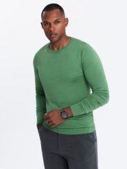 Męski sweter klasyczny z wiskozą BASIC z okrągłym dekoltem – zielony V13 OM-SWBS-0106 - XXL. Zielone swetry męskie Ombre Clothing, l, bez wzorów, z wiskozy, klasyczne, bez kołnierzyka, bez ramiączek. W wyprzedaży za 89.99 zł.
