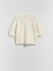 Sweter z wełną - złamana biel. Swetry nierozpinane damskie Reserved, l, bez wzorów, z dzianiny, bez kołnierzyka, bez ramiączek. Za 159.99 zł.